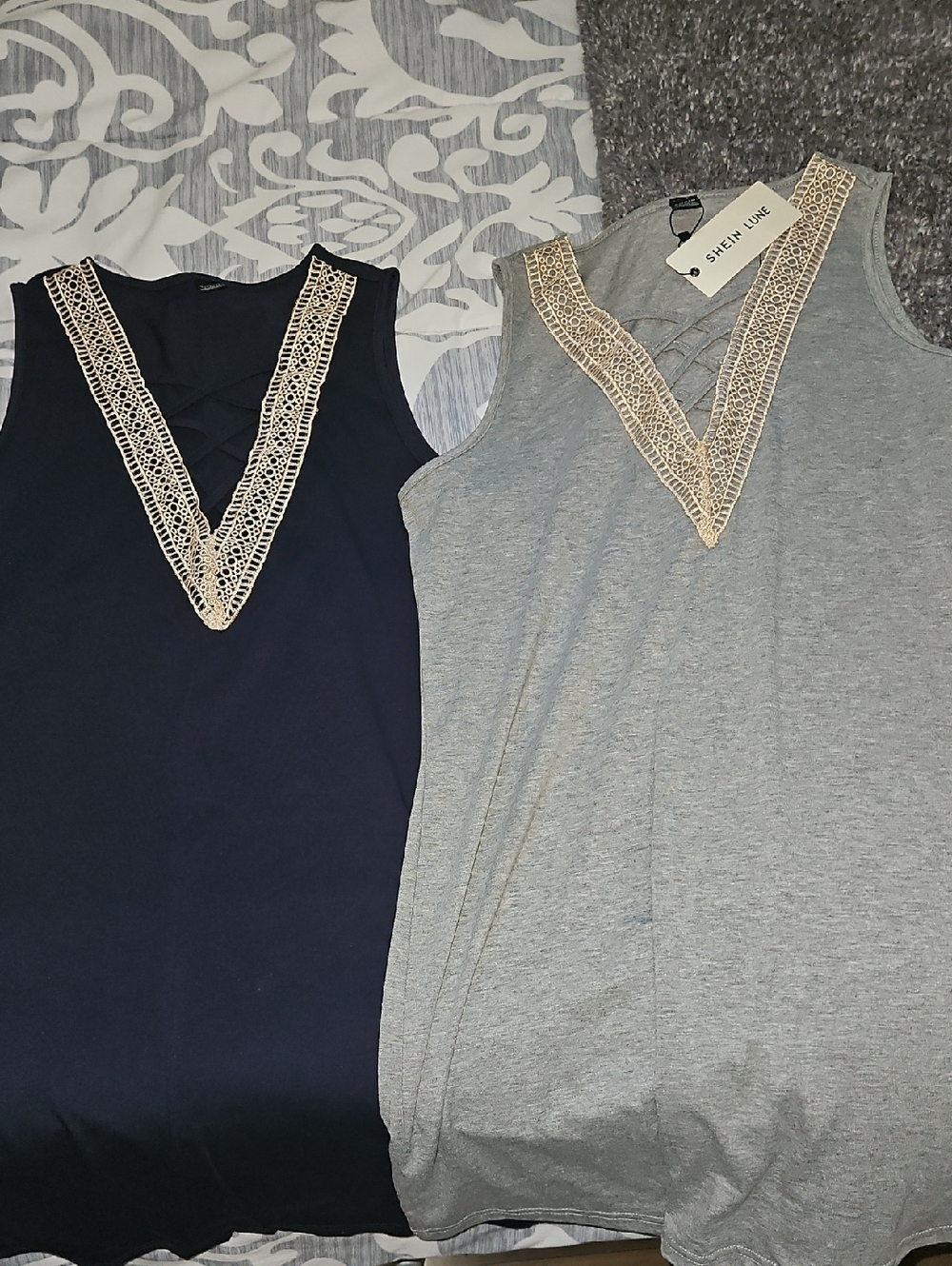 SHEIN Navy & Gray Lace-Trim V-Neck Tank Tops